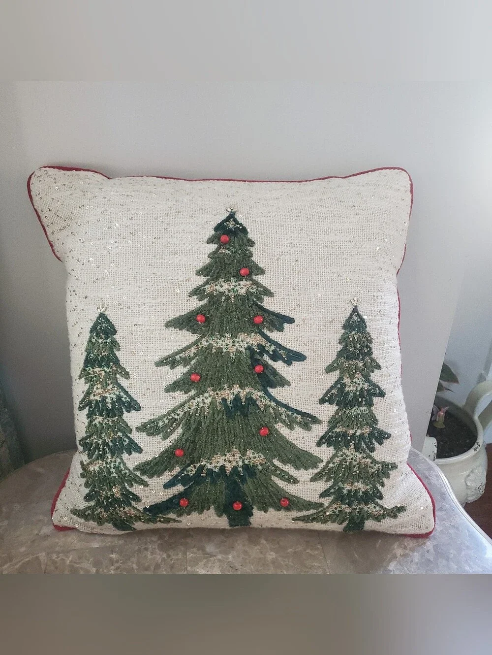 Pillow Embroidered Christmas Trees Gold Sequin Beads Beige Green 17